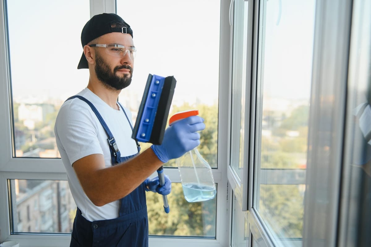 Mitarbeiter bei Fensterreinigung im Einsatz in Olching